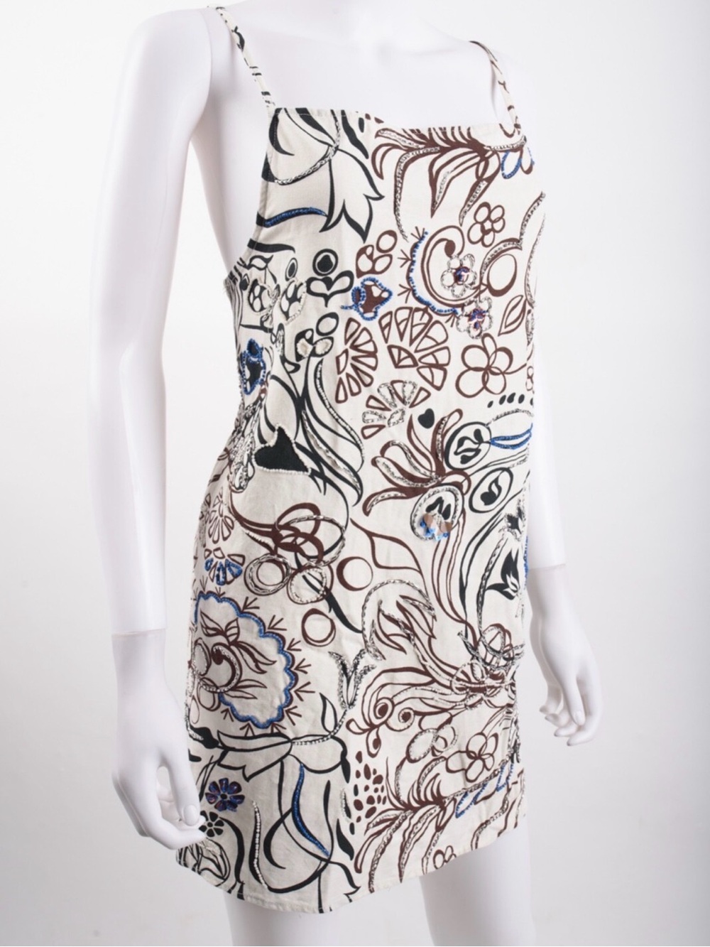 Floral Print Strap Mini Dress - Cream/Blue/Brown